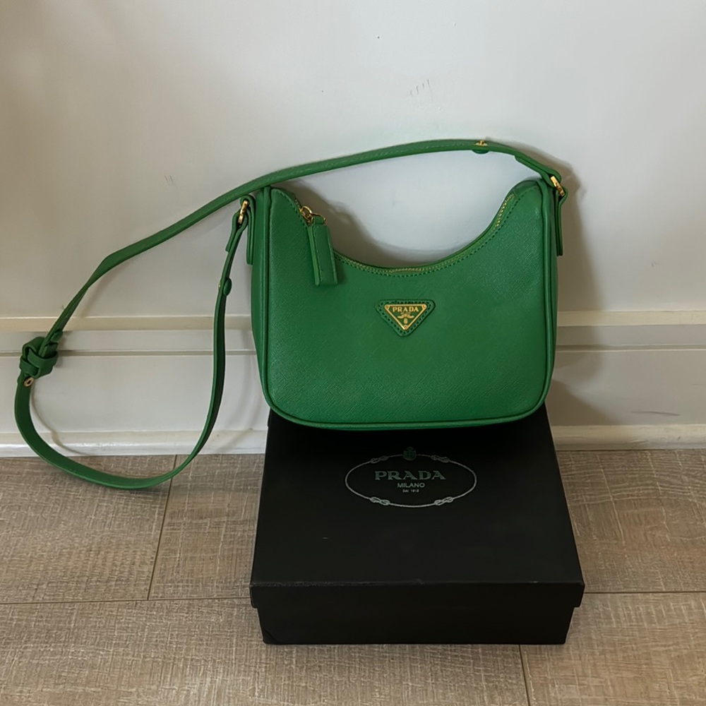 Prada like Green Leather Shoulder Bag with Crescent Design